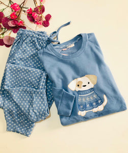🩵 Pyjama Femme en Coton – Bleu Ciel 🐶✨