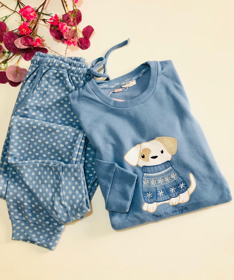 🩵 Pyjama Femme en Coton – Bleu Ciel 🐶✨