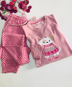 🌸 Pyjama Femme en Coton – Rose avec Motif Chien 🐶💗