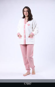 Pyjama Femme en Polaire Blanc avec Col Rose – Confort et Élégance