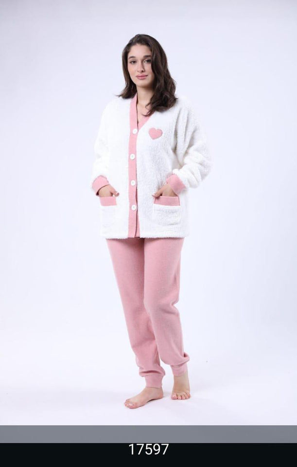 Pyjama Femme en Polaire – Blanc avec Col et Pantalon Violet