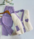 Pyjama Femme en Polaire – Blanc avec Col et Pantalon Violet