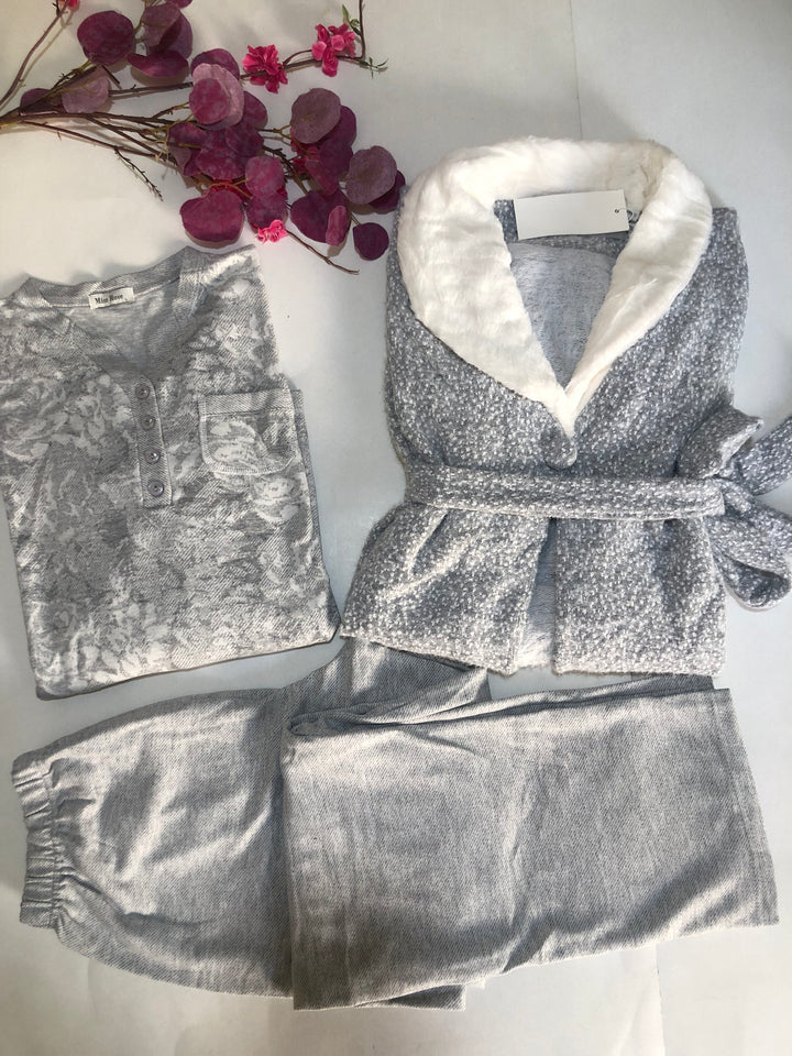 🩶 Pyjama Femme 3 Pièces – Hiver Doux & Élégant (Coloris Gris)