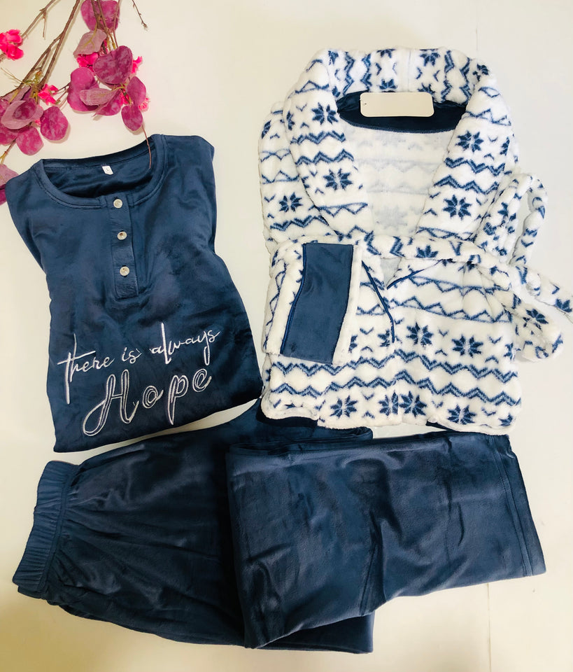 🧸 Pyjama Femme 3 Pièces – Bleu Ciel Doux & Cocooning ❄️💙