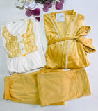 Ensemble Pyjama Chic en Velours Doré et Dentelle pour Femme