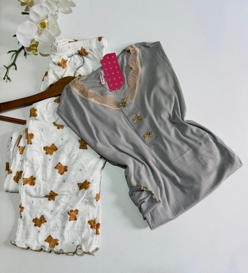 ✨ Pyjama Femme Confort & Élégance – Gris & Motif Ours ✨