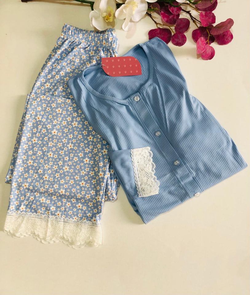 Ensemble Pyjama Femme Floral & Dentelle - Bleu Ciel