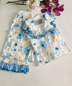 Ensemble Pyjama Femme Élégance Florale - Bleu Ciel