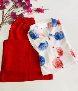 ❤️ Pyjama Femme Deux Pièces – Haut Imprimé & Pantalon Rouge Framboise