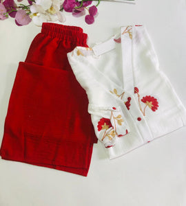 Pyjama Femme Élégant – Haut Blanc Brodé Rouge &amp; Pantalon Rouge | Tissu Rayon Léger et Doux