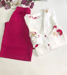 Pyjama Femme Élégant – Haut Imprimé Floral &amp; Pantalon Rose Fuchsia | Tissu Rayon