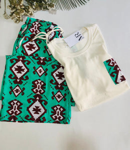 Pyjama Femme Confort &amp; Style – Haut Blanc & Pantalon Imprimé Vert Menthe | Tissu Rayon Léger