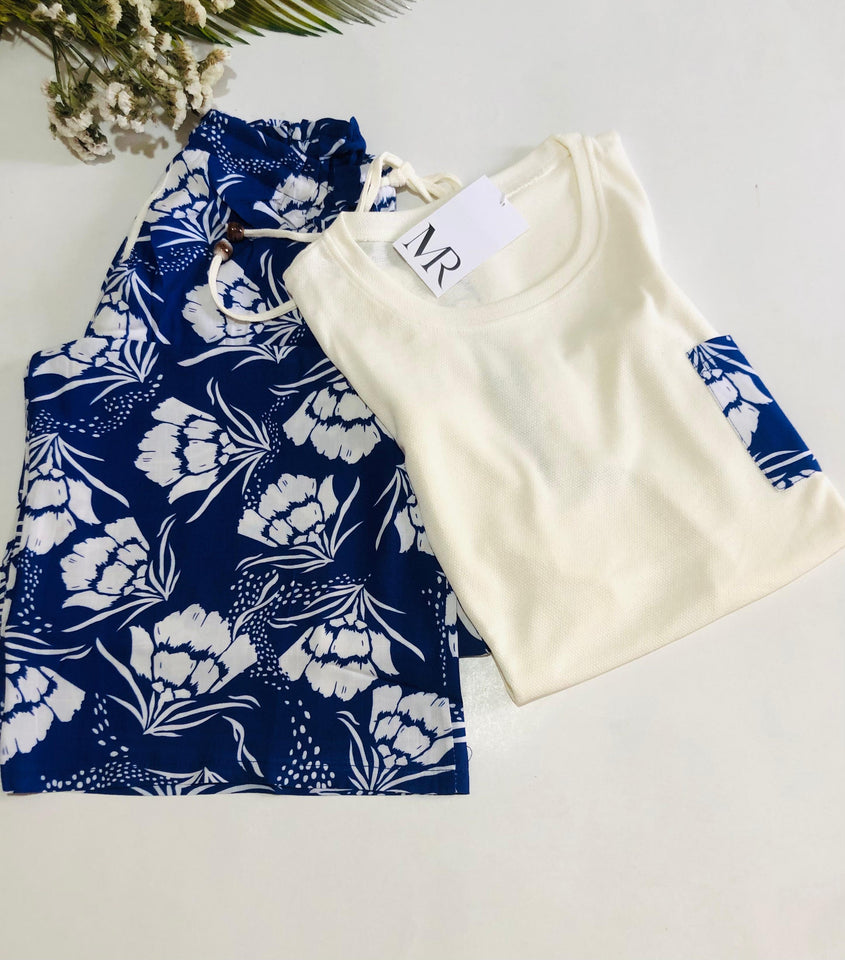 Pyjama Femme Confort & Fraîcheur – Bleu à Motif Floral 🌙