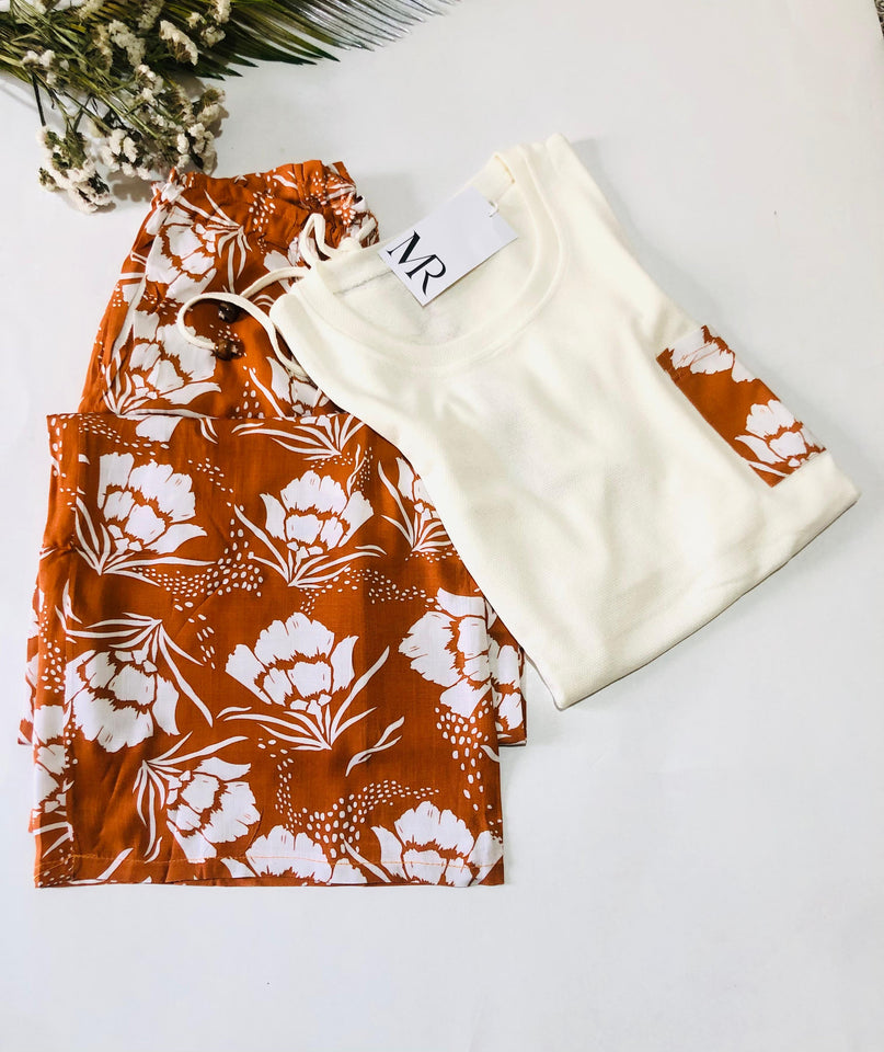 🍊 Pyjama Femme Tendance – Orange à Motif Floral 🍊