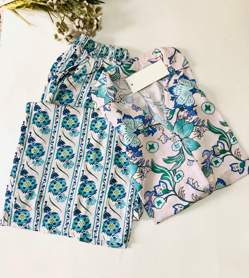 🌸 Pyjama Femme Élégant – Ensemble Chemise & Pantalon à Motif Floral 🌸