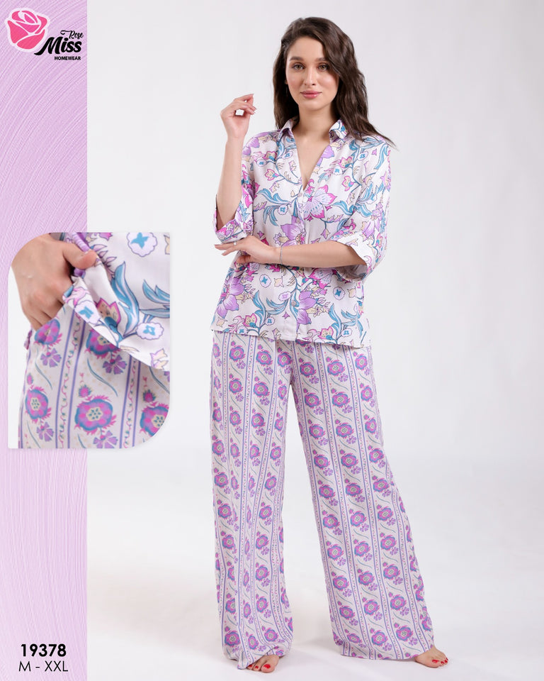🌸 Pyjama Femme Élégant – Ensemble Chemise & Pantalon à Motif Floral 🌸