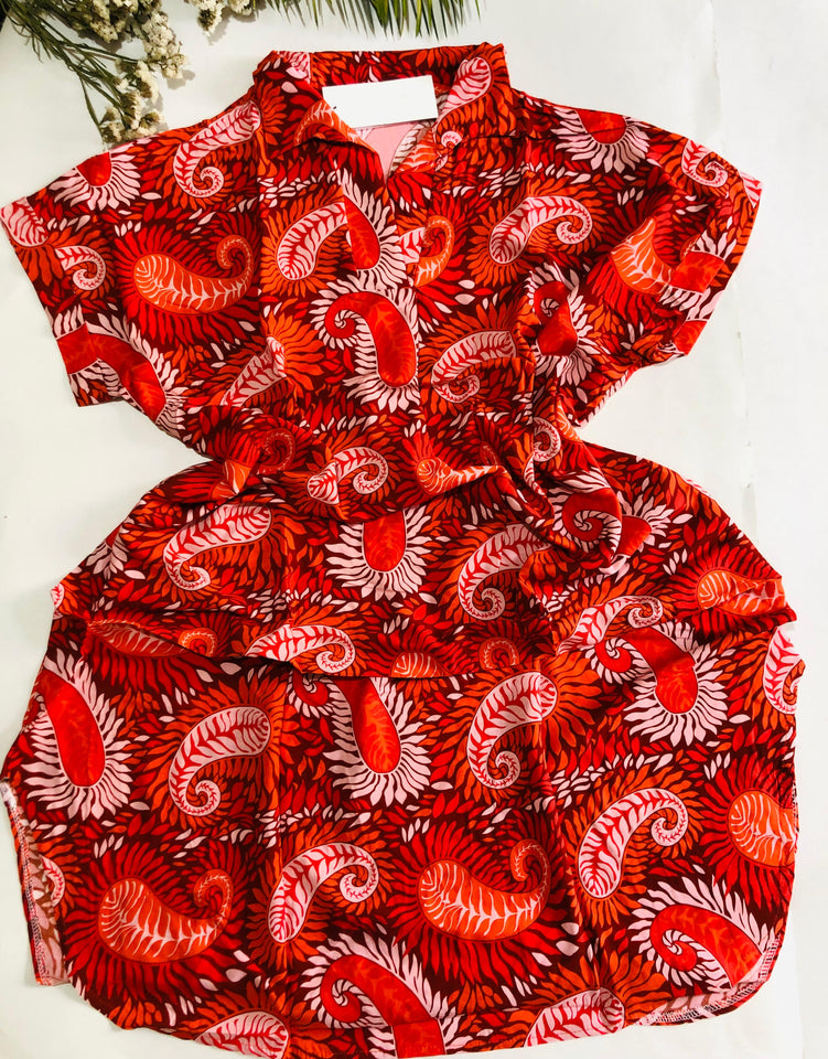 Pyjama Femme Demi-Manches – Feu d’Été en Rouge &Orange 🔥🌺