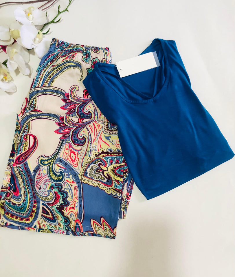 Pyjama Femme Demi Manche &amp; Pantalon Large – Élégance en Bleu 💙