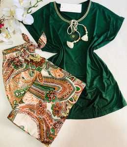 Pyjama Femme Été – Haut Vert & Pantalon Fluide Imprimé 🌿🧡