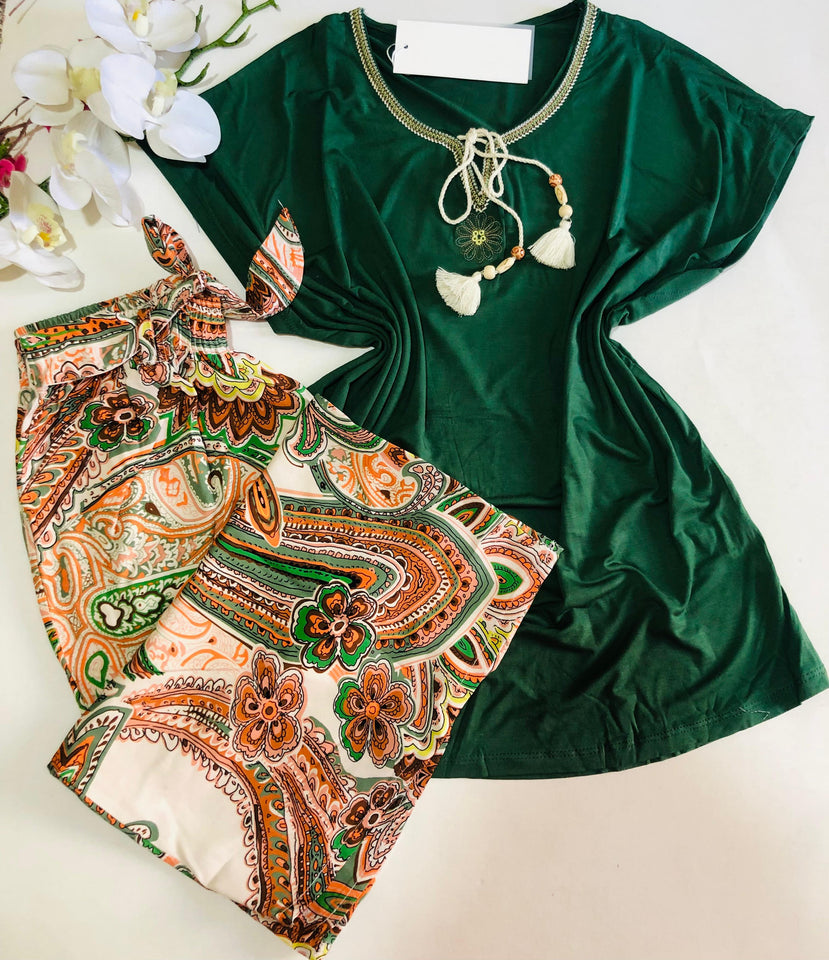 Pyjama Femme Été – Haut Vert & Pantalon Fluide Imprimé 🌿🧡