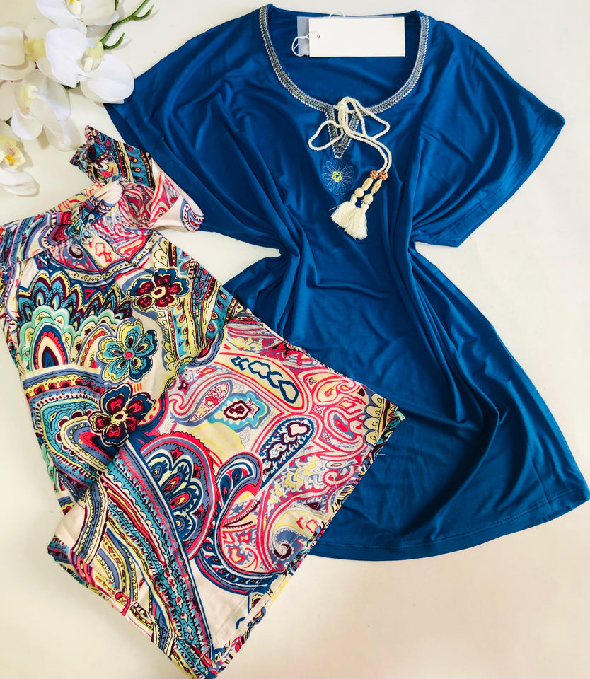 Pyjama Femme Été – Haut Bleu &amp; Pantalon Fluide Imprimé 💙🌿