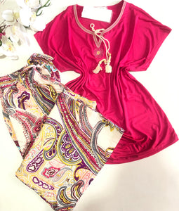 Pyjama Femme Été – Haut Rose Fuchsia &amp; Pantalon Fluide Imprimé 💖🌸