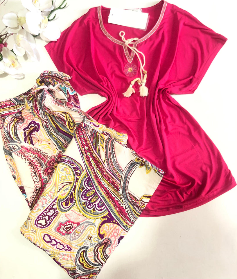 Pyjama Femme Été – Haut Rose Fuchsia &amp; Pantalon Fluide Imprimé 💖🌸