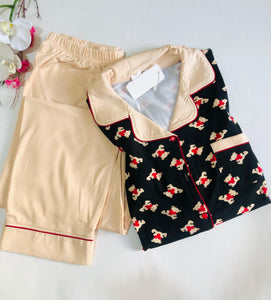 🖤 Pyjama Femme 2 Pièces en Coton – Élégance Noire & Beige 🤍