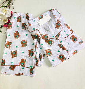 🐻 Pyjama Femme 2 Pièces en Coton – Motif Ourson 🤍✨