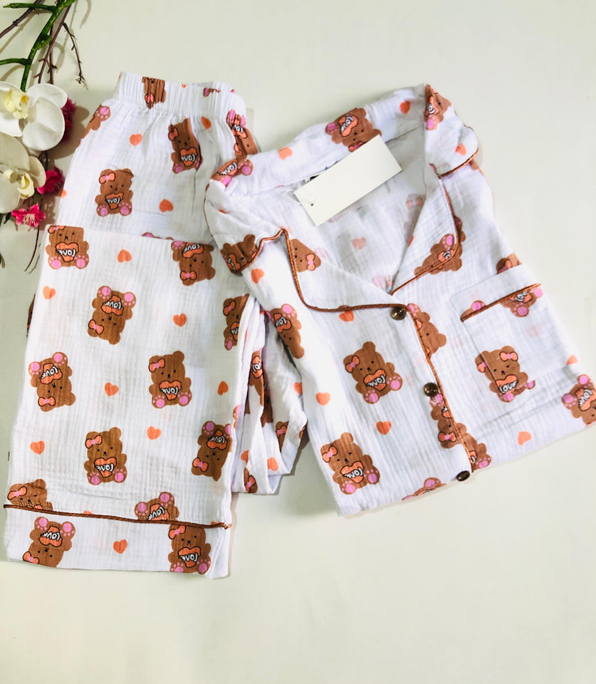 🐻 Pyjama Femme 2 Pièces en Coton – Motif Ourson 🤍✨