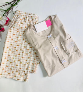 🤎 Pyjama Femme 2 Pièces en Coton – Beige Élégant 🤎