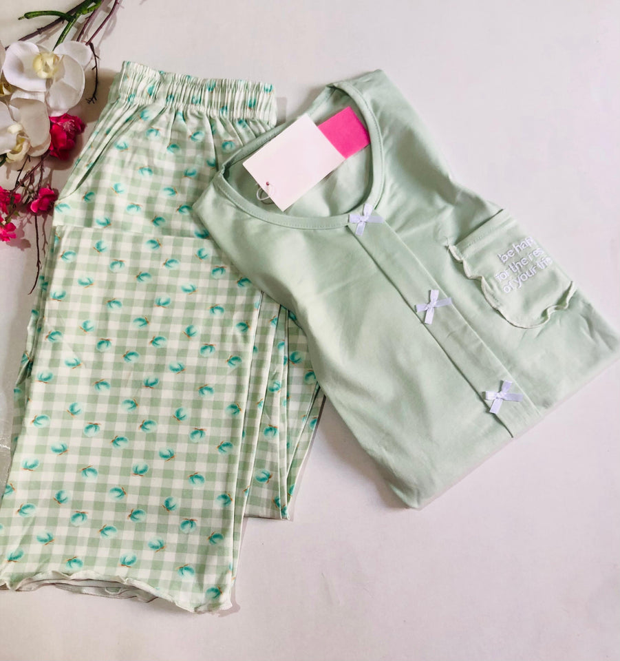 🌿 Pyjama Femme 2 Pièces en Coton – Vert d’Eau à Carreaux 🌿