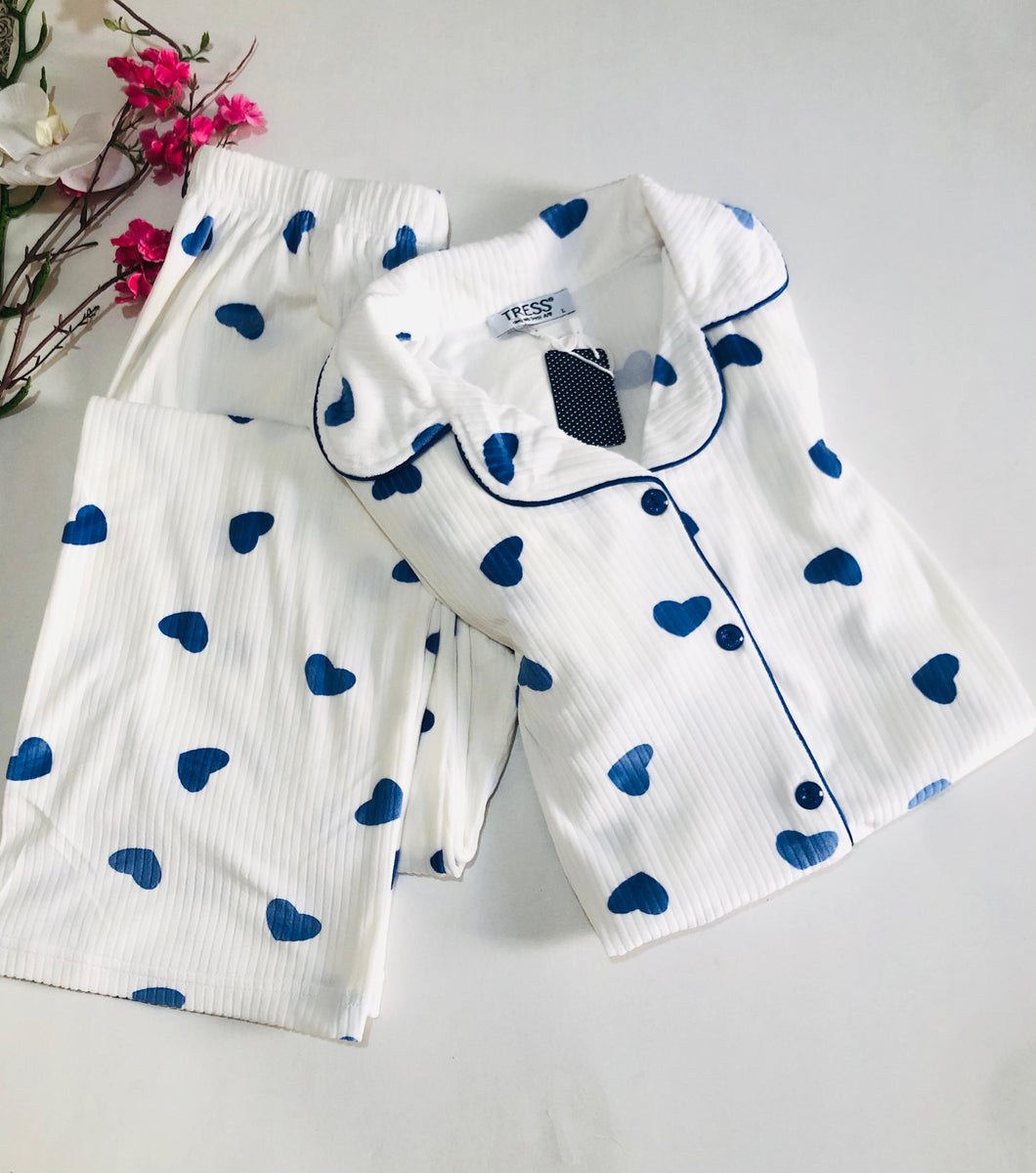 💙 Pyjama Femme en Velours Doux à Cœurs Bleus 💙