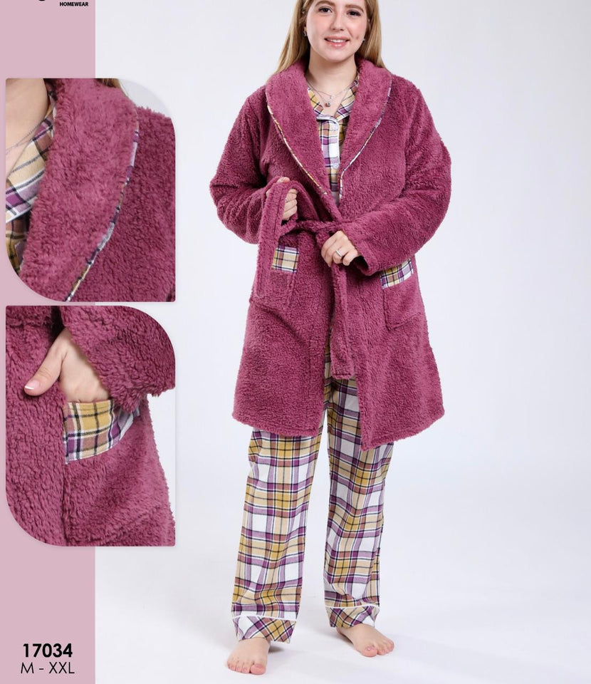 🩷 Pyjama Femme à Carreaux + Peignoir Polaire Doux 🌙