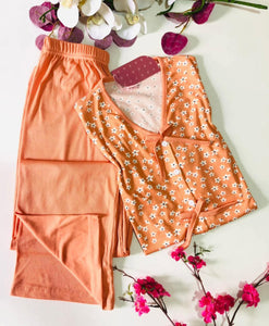 🧡 Pyjama Femme Côtelé Fleuri – Chaleur & Élégance en Orange 🧡