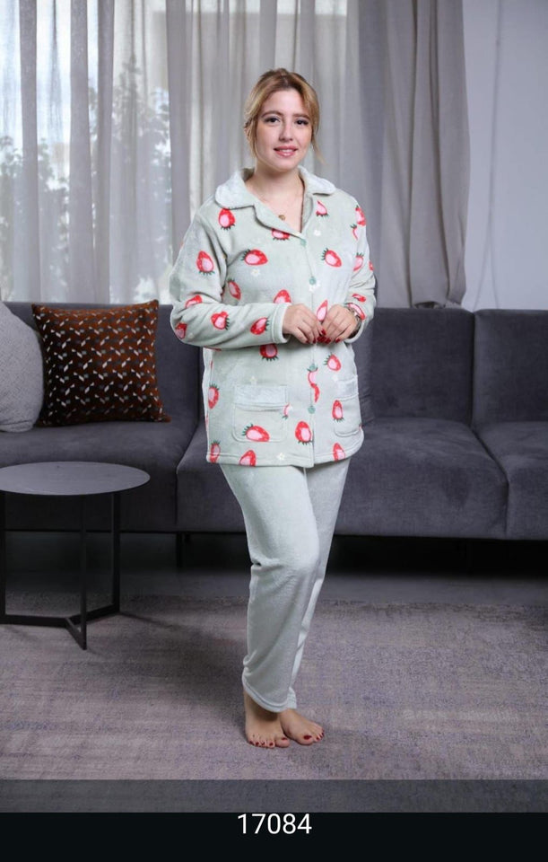 Pyjama Polaire Femme Rose avec Motifs Fraise 🍓