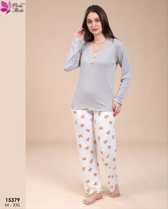 ✨ Pyjama Femme Confort & Élégance – Gris & Motif Ours ✨