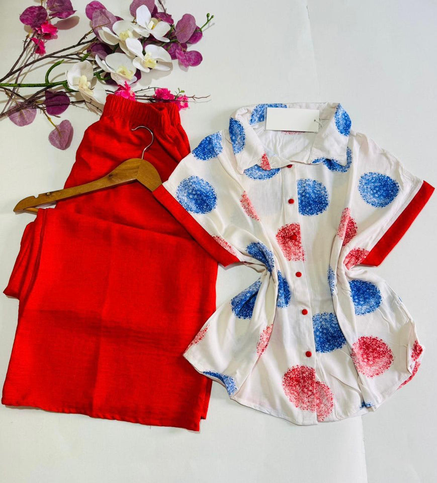 ❤️ Pyjama Femme Deux Pièces – Haut Imprimé & Pantalon Rouge Framboise