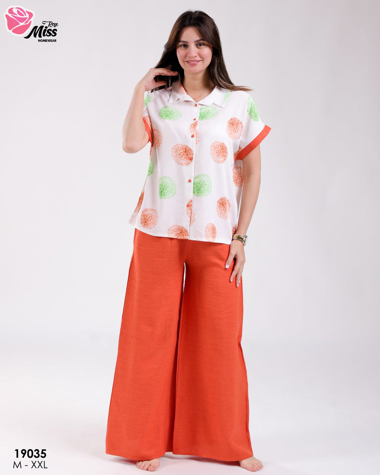 🌙 Pyjama Femme Deux Pièces – Pantalon Brique & Haut à Motifs Pastel