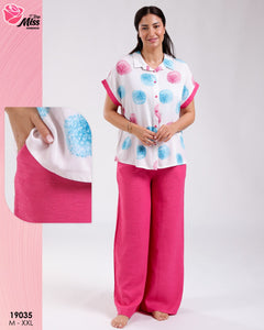 💤 Pyjama Femme Deux Pièces Rose Framboise – Motifs Colorés et Tissu Léger