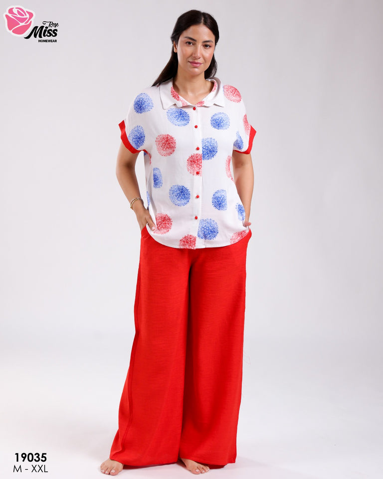 ❤️ Pyjama Femme Deux Pièces – Haut Imprimé & Pantalon Rouge Framboise
