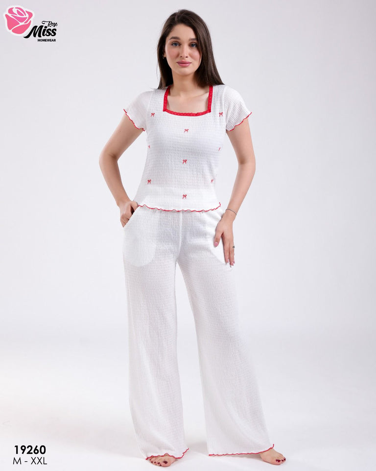 🤍 Pyjama Femme Blanc Élégant – Détails Rouges &amp; Tissu Gaufré