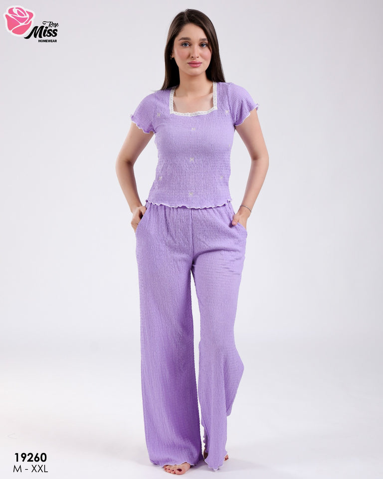 💜 Pyjama Femme Lilas – Tissu Gaufré &; Dentelle Élégante