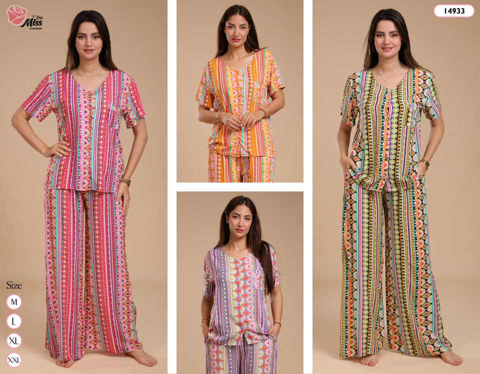 Pyjama Femme – Tissu Rallons Ultra Léger – Motifs Ethniques Colorés
