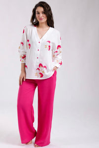 Pyjama Femme Élégant – Haut Imprimé Floral &amp; Pantalon Rose Fuchsia | Tissu Rayon