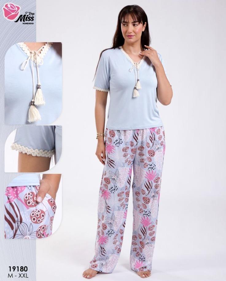 🌸 Pyjama Femme Élégant – Bleu Doux & Motif Floral Coloré 🌸