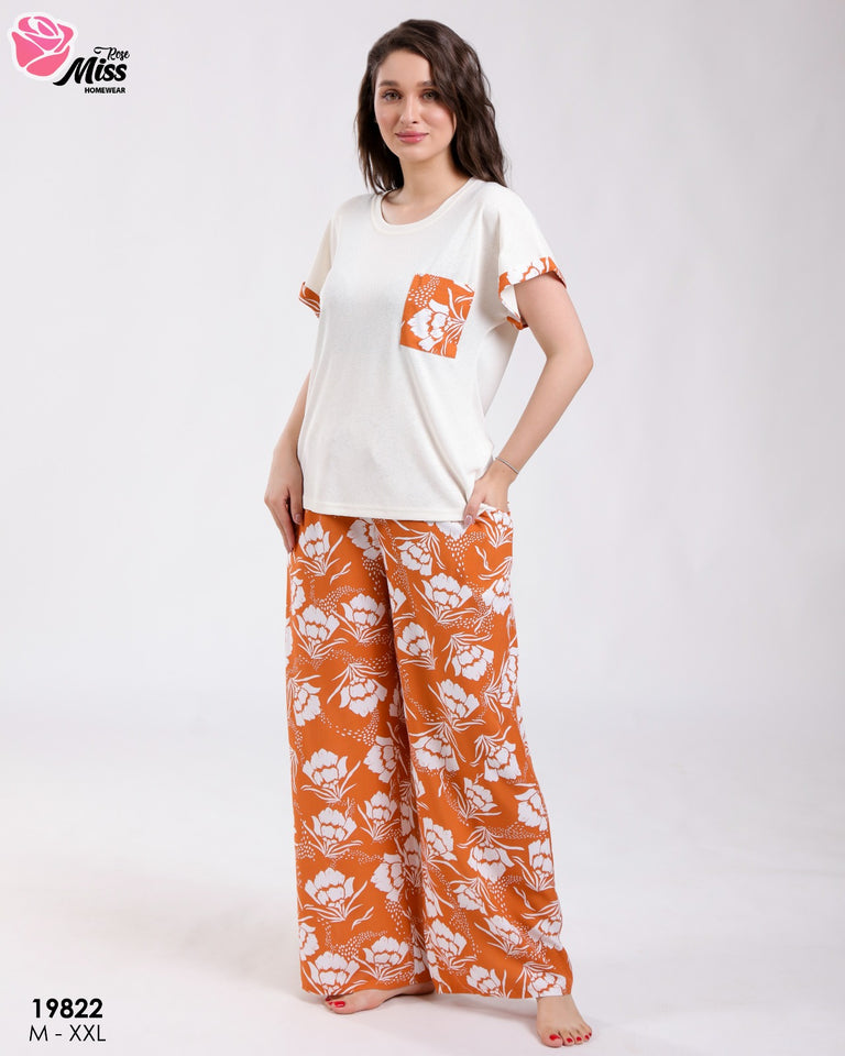 🍊 Pyjama Femme Tendance – Orange à Motif Floral 🍊