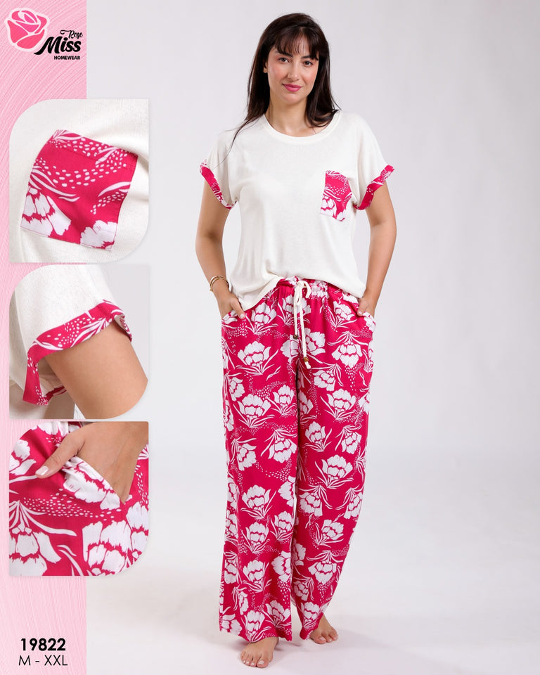 🌸 Pyjama Femme Élégant – Rose Fuchsia à Motif Floral 🌸