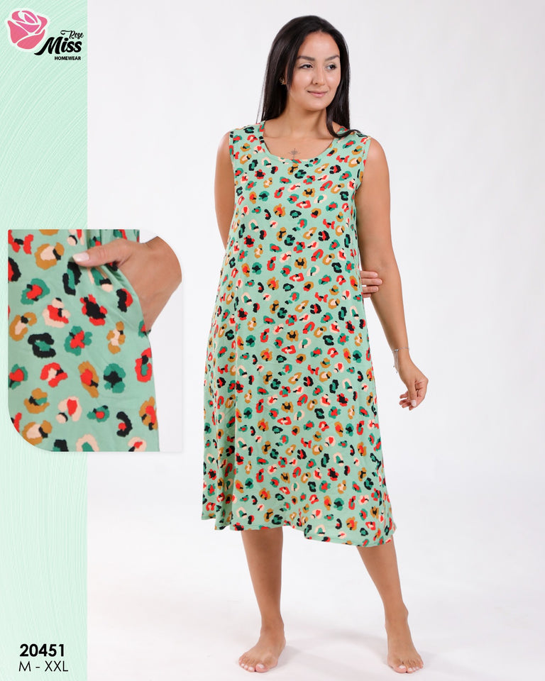 Robe Pyjama Femme Sans Manches – Imprimé Vert Tropical 🌿💚