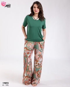Pyjama Femme Demi Manche &amp; Pantalon Large – Fraîcheur en Vert 💚